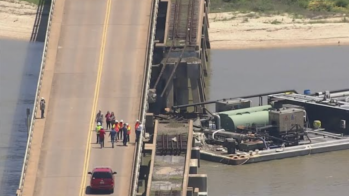 Container barge crashes into Galveston bridge.